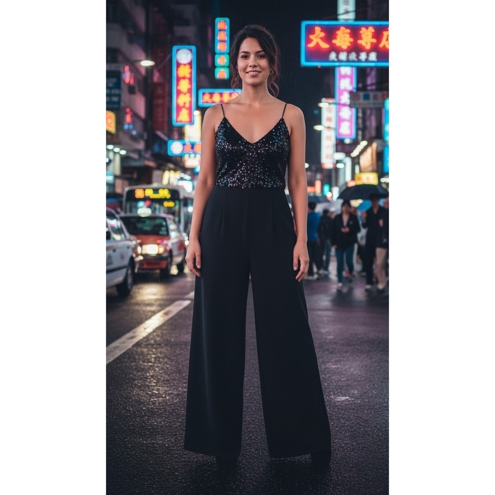 Eliza J Black Sequin Bodice Wide Leg Jumpsuit Size 4 Evening Formal Adjustable - Picture 9 of 13